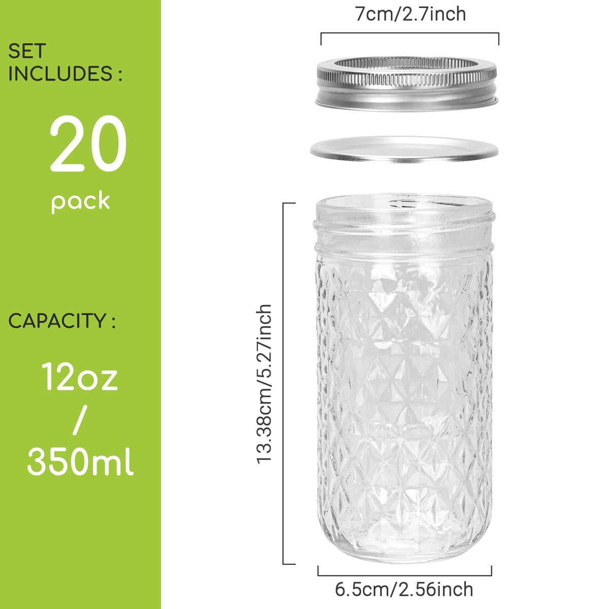 12 oz Regular Mouth Glass Mason Jar 20 Pack J97438