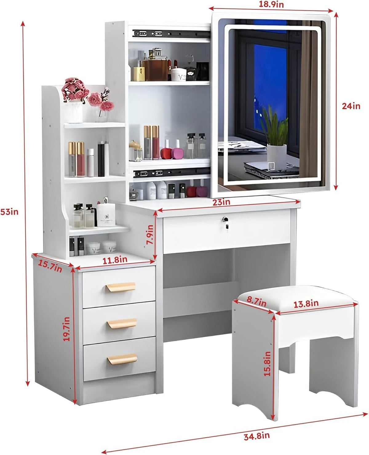 White 4 Drawer Vanity Desk Set with Mirror R47399
