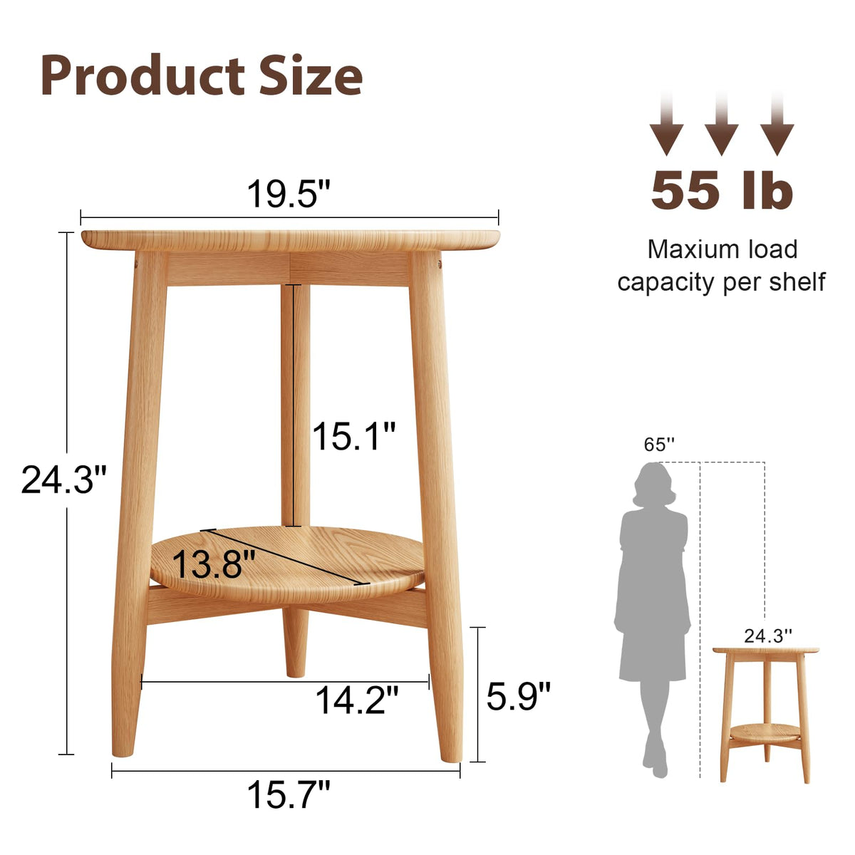 Solid Wood Round End Table with Lower Shelf Z1286
