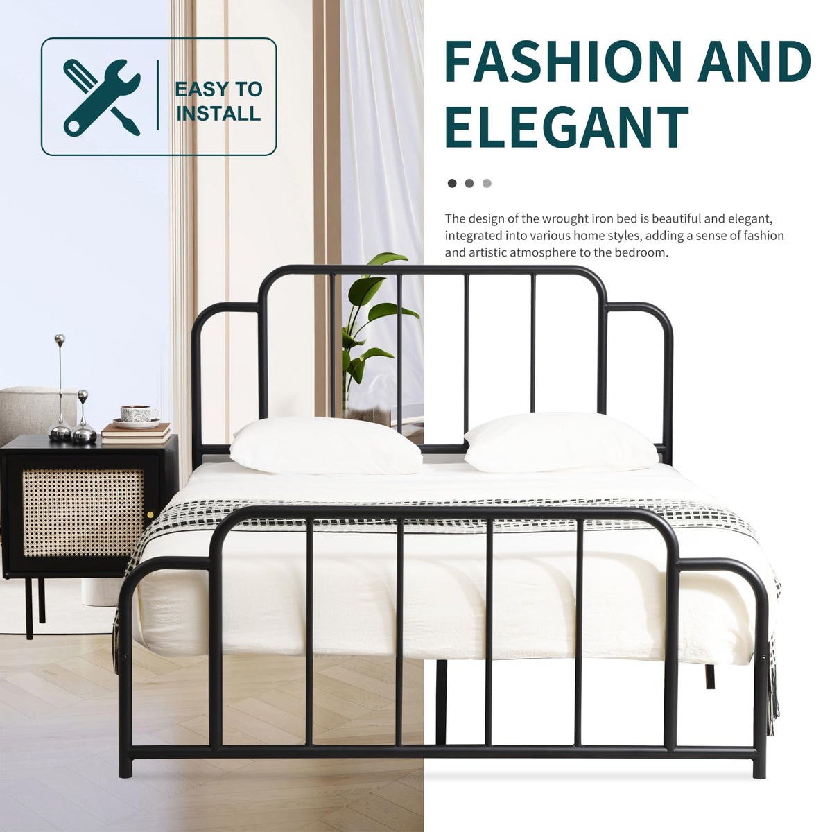 Black Full Size Metal Bed with Headboard and Footboard I912