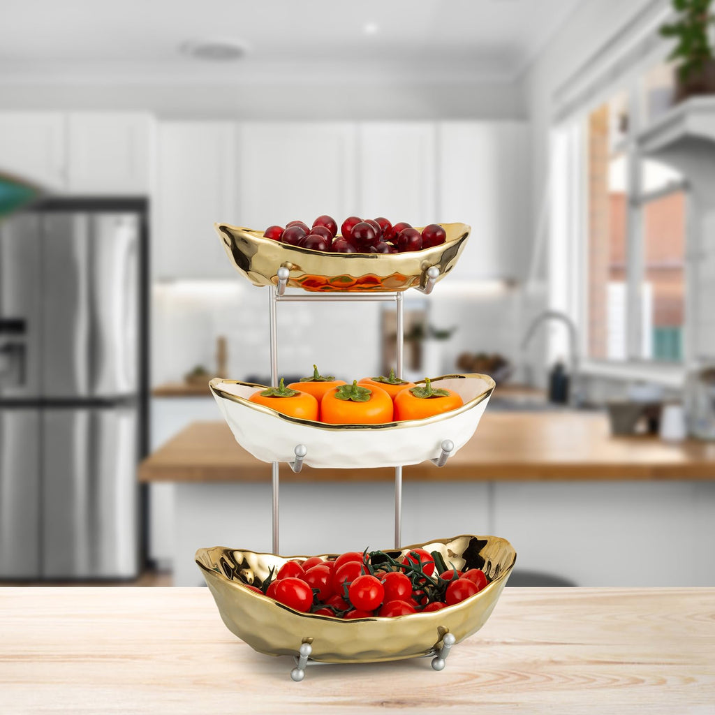 3 Tier Ceramic Serving Bowls with Metal Stand G144