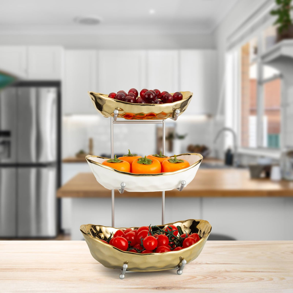 3 Tier Ceramic Serving Bowls with Metal Stand G144