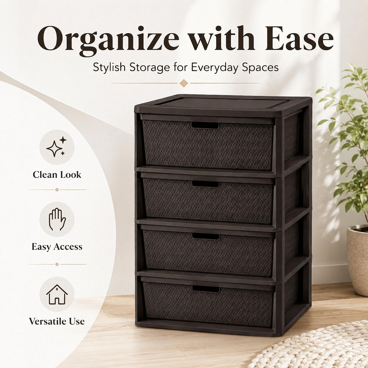 4 Drawer Plastic Storage Tower with Brown Weave Bins T39400