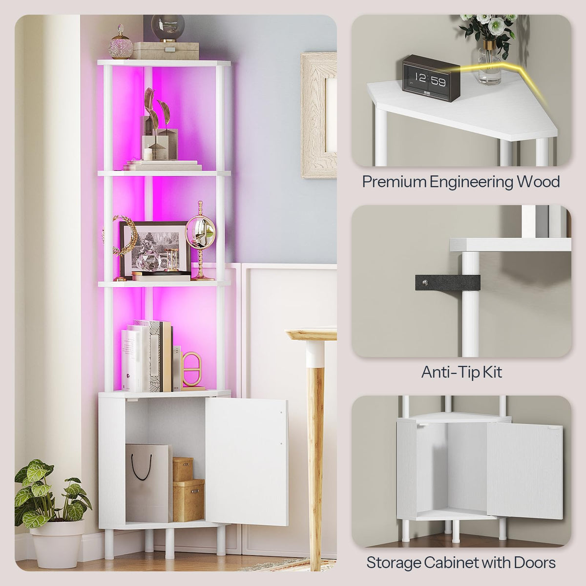 White 5-Tier Corner Cabinet with Doors R6181