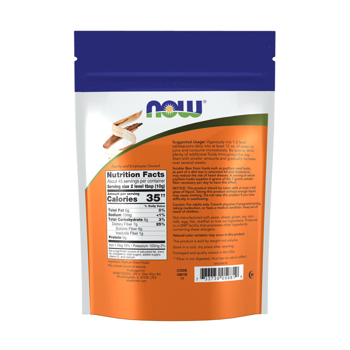Whole Psyllium Husks Soluble Fiber 16 oz Y3125