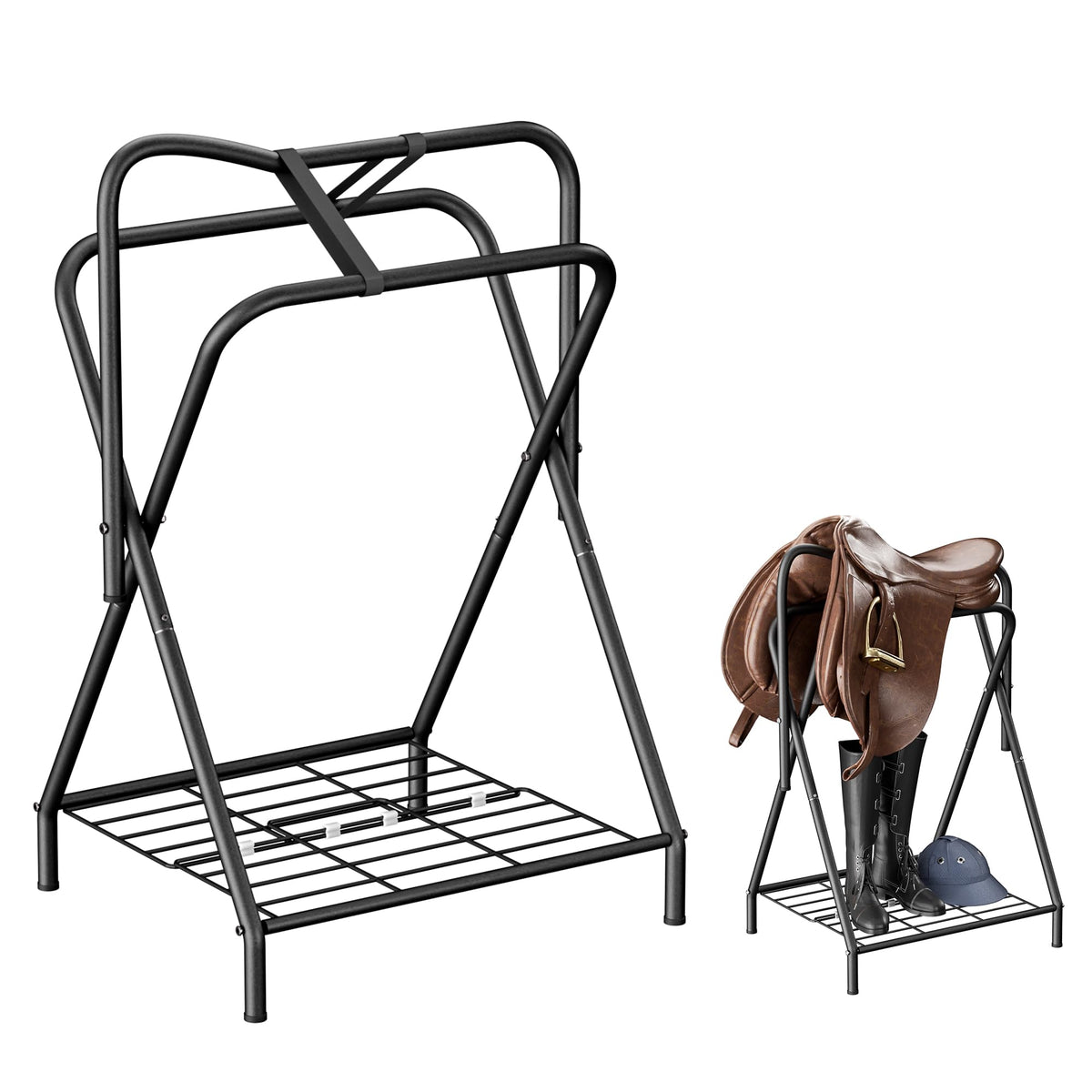 Foldable Saddle Rack with Storage Shelf, Black B788