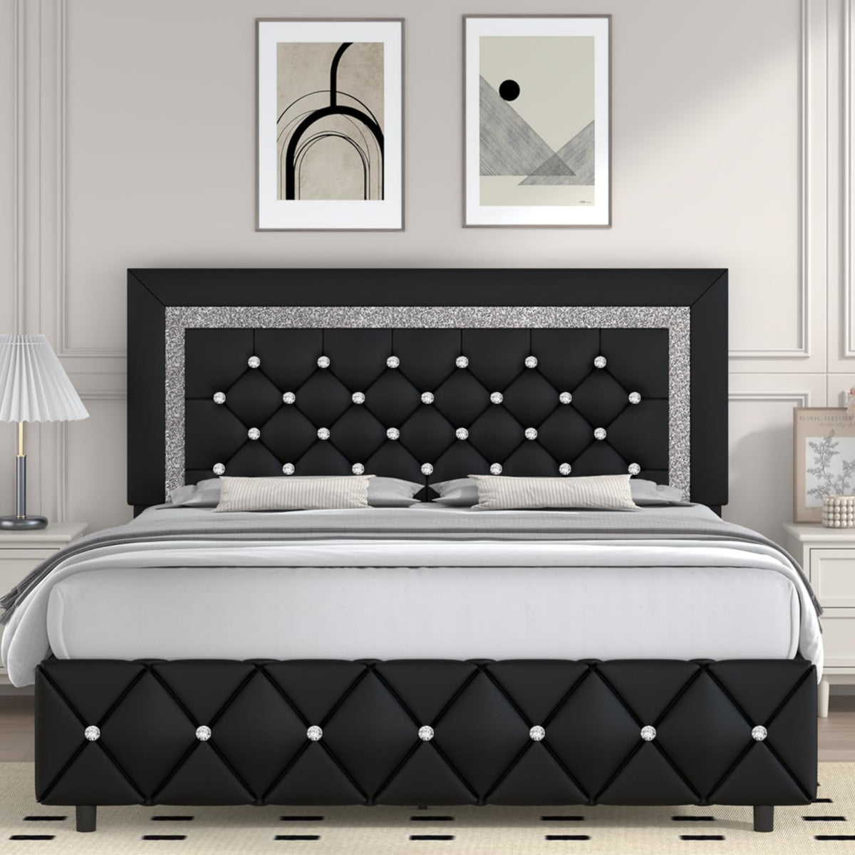 Full Size Faux Leather Platform Bed with Diamond Headboard C223252