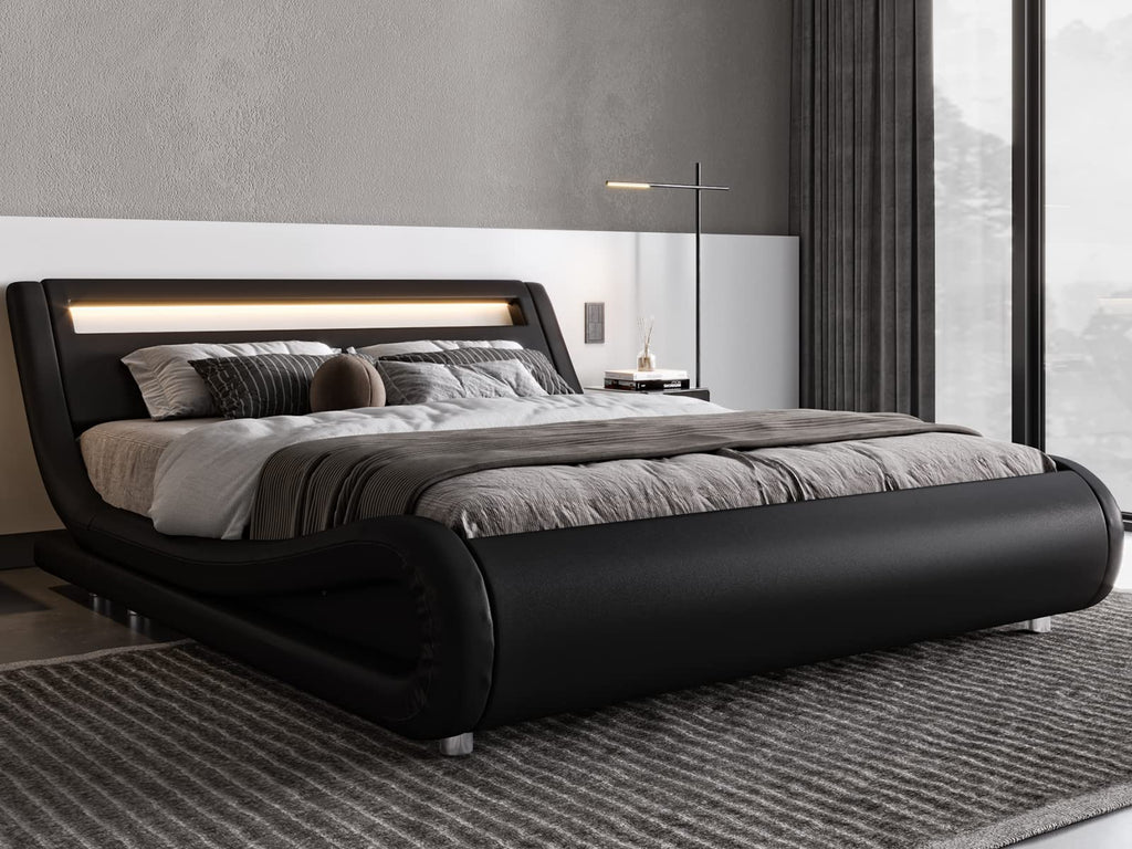 Queen Size LED Platform Bed Frame with Adjustable Headboard, Black G110