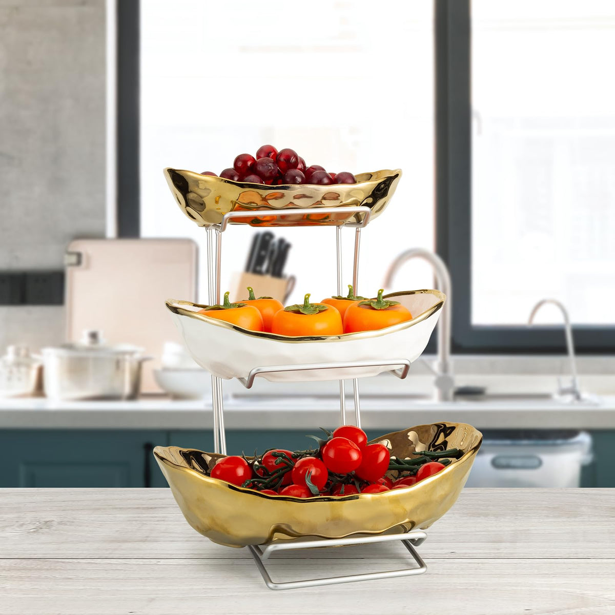 3 Tier Ceramic Serving Bowls with Metal Stand G144