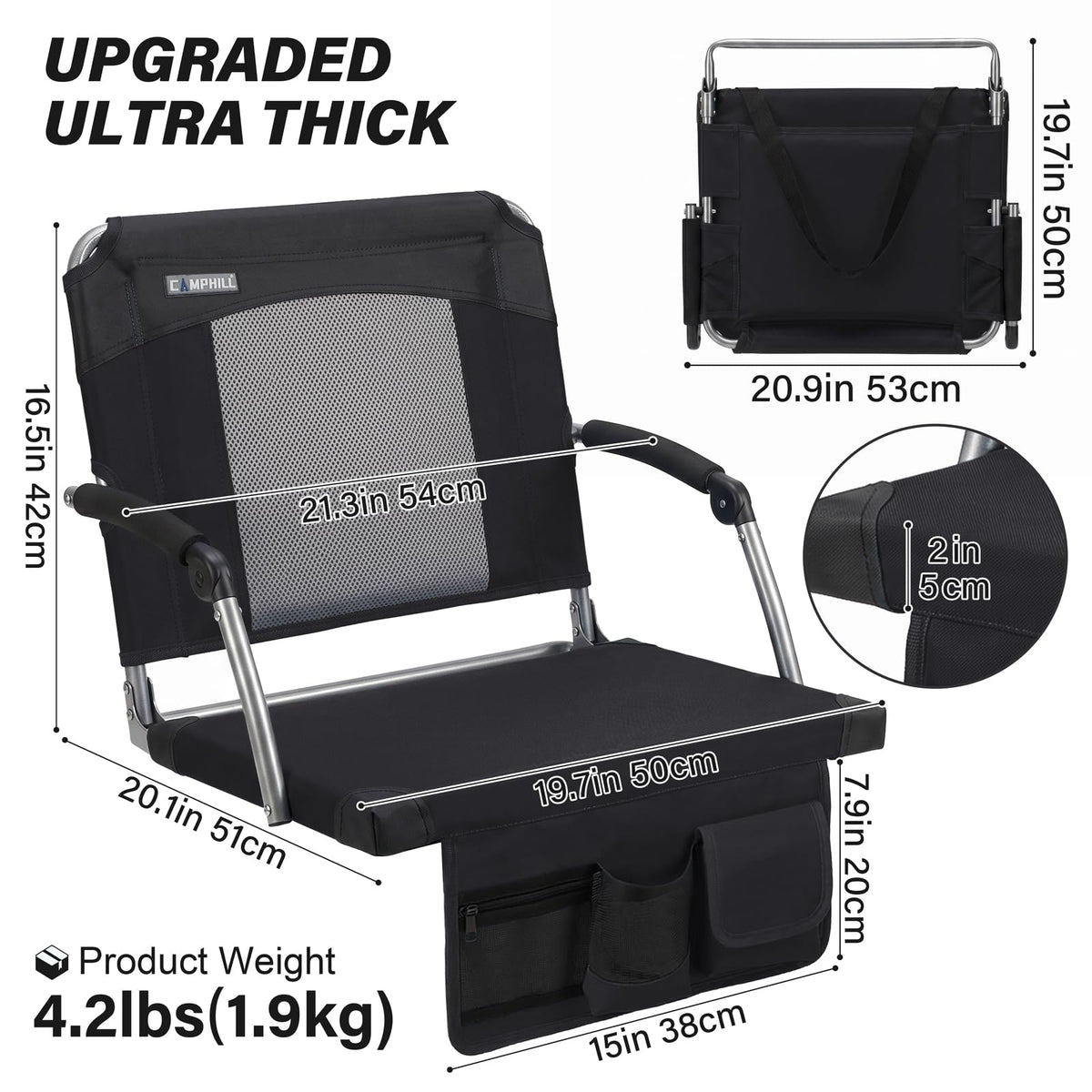 2 Pack Black Stadium Seats with Back Support & Armrests A7474