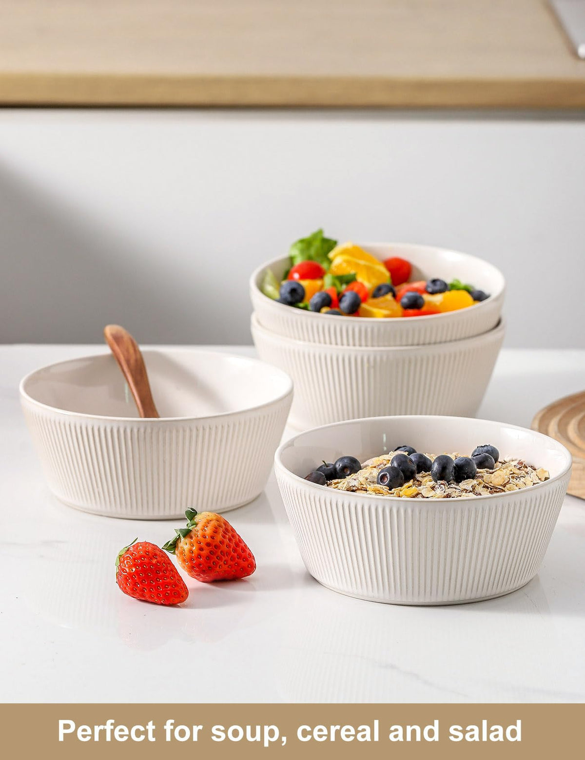 Ceramic Soup Bowls Set of 4, 6.3 inch Microwave Safe White F254
