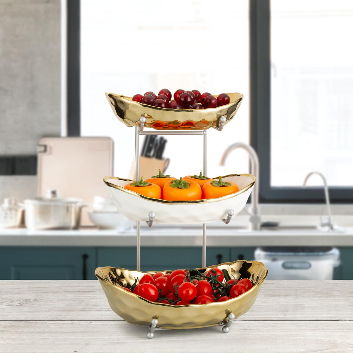 3 Tier Ceramic Serving Bowls with Metal Stand G144