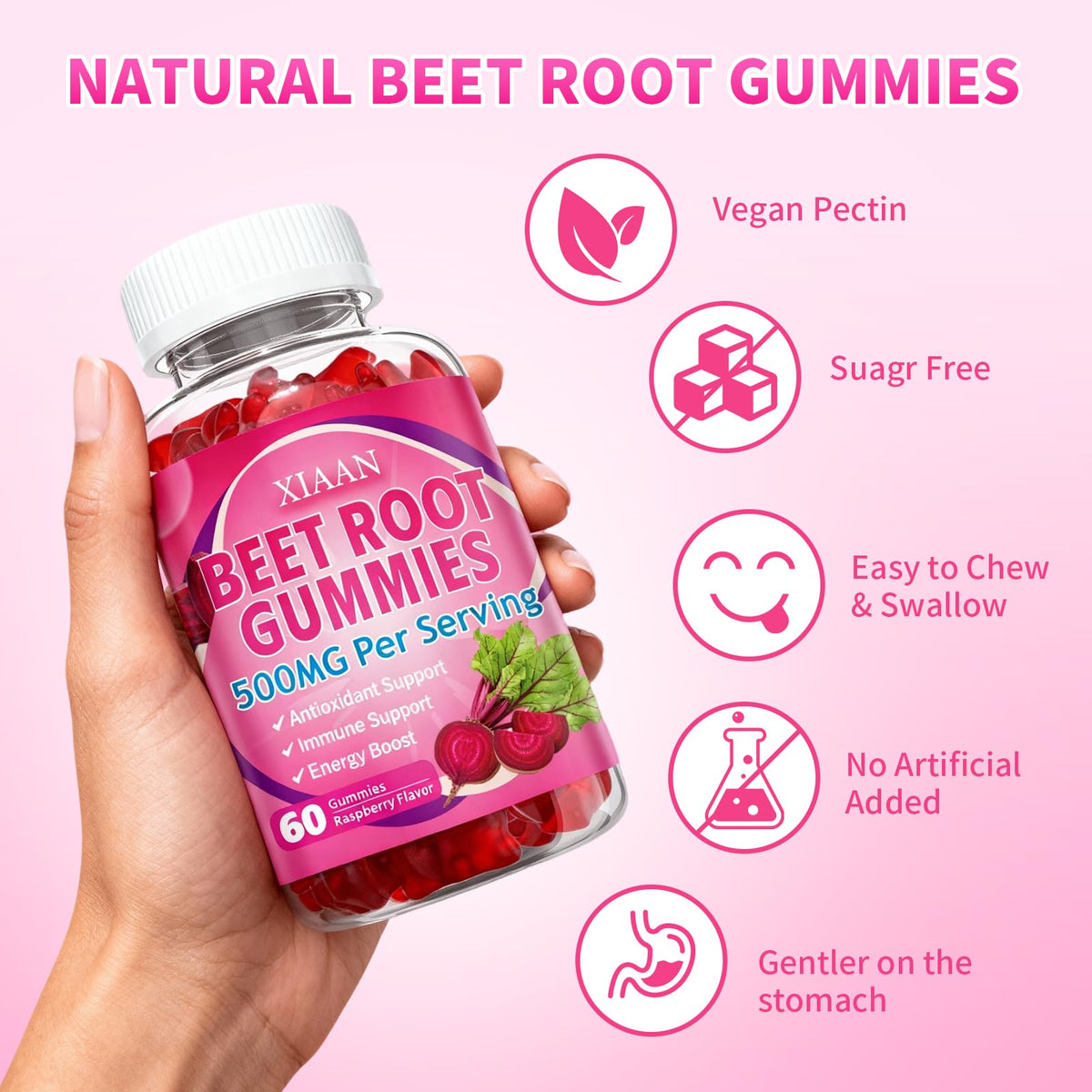 Sugar-Free Vegan Beet Root Gummies 60 Count K568