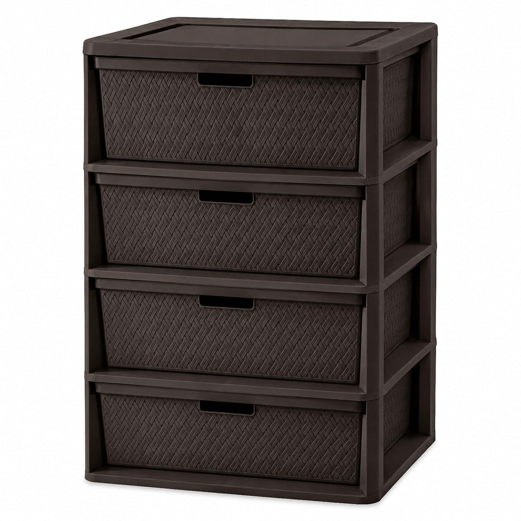4 Drawer Plastic Storage Tower with Brown Weave Bins T39400