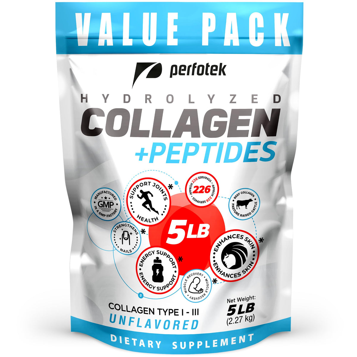Collagen Powder 5Lb Types I & III Unflavored Hydrolyzed Protein Peptides X287