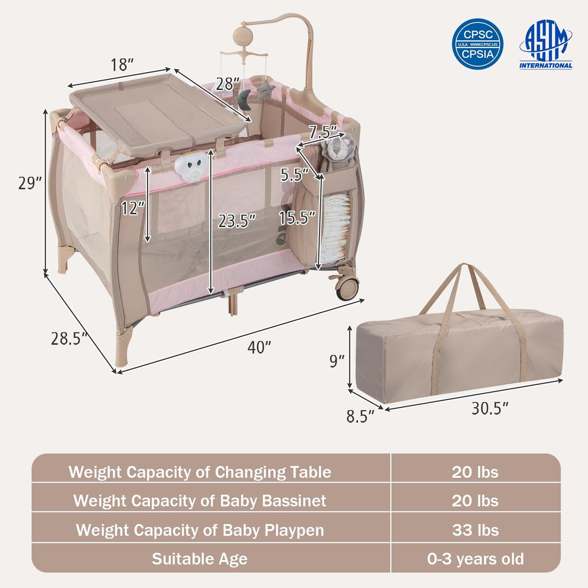 3 in 1 Portable Baby Playard with Bassinet and Changing Table Q47151