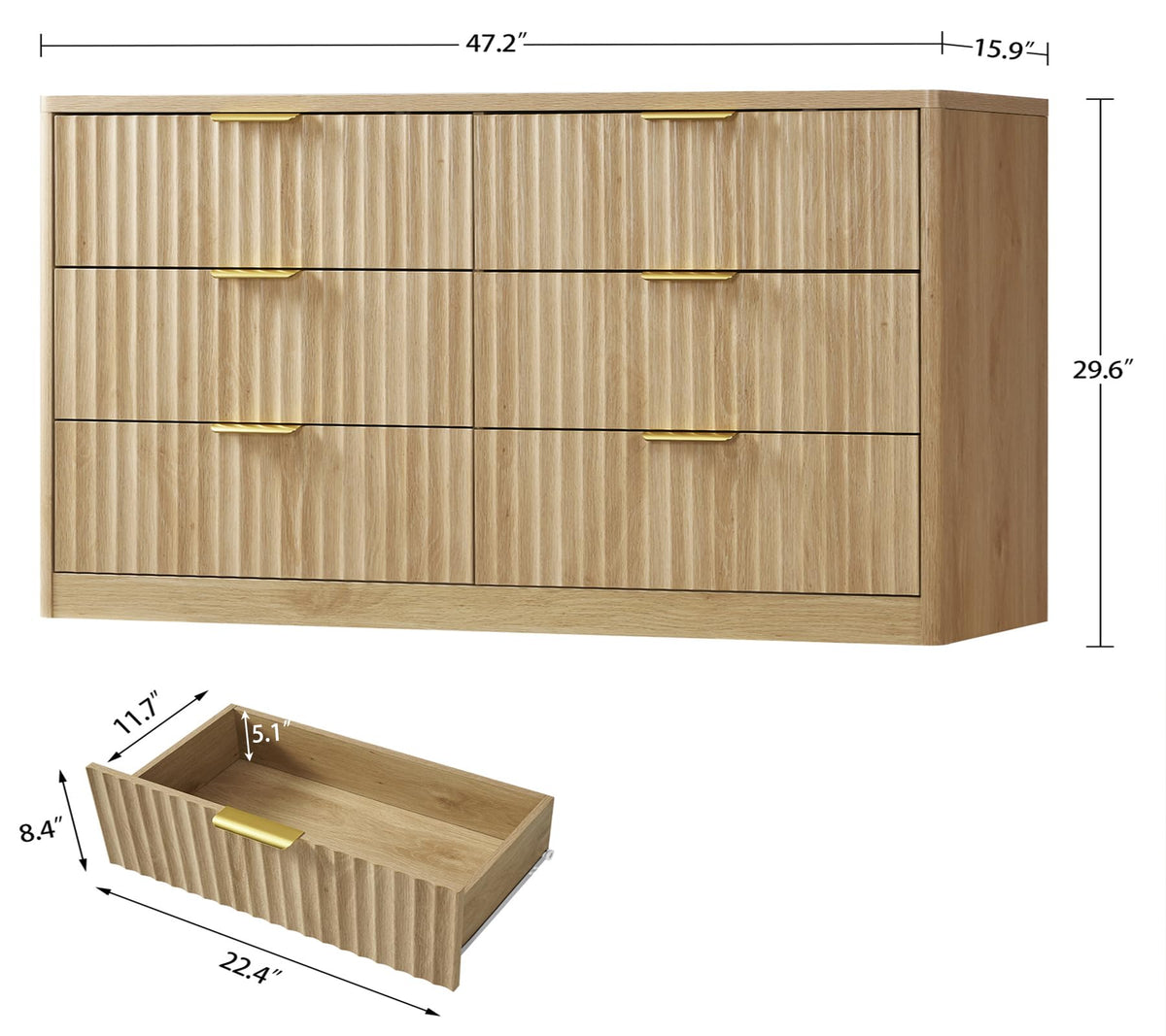 Fluted 6 Drawer Wood Dresser Y75805