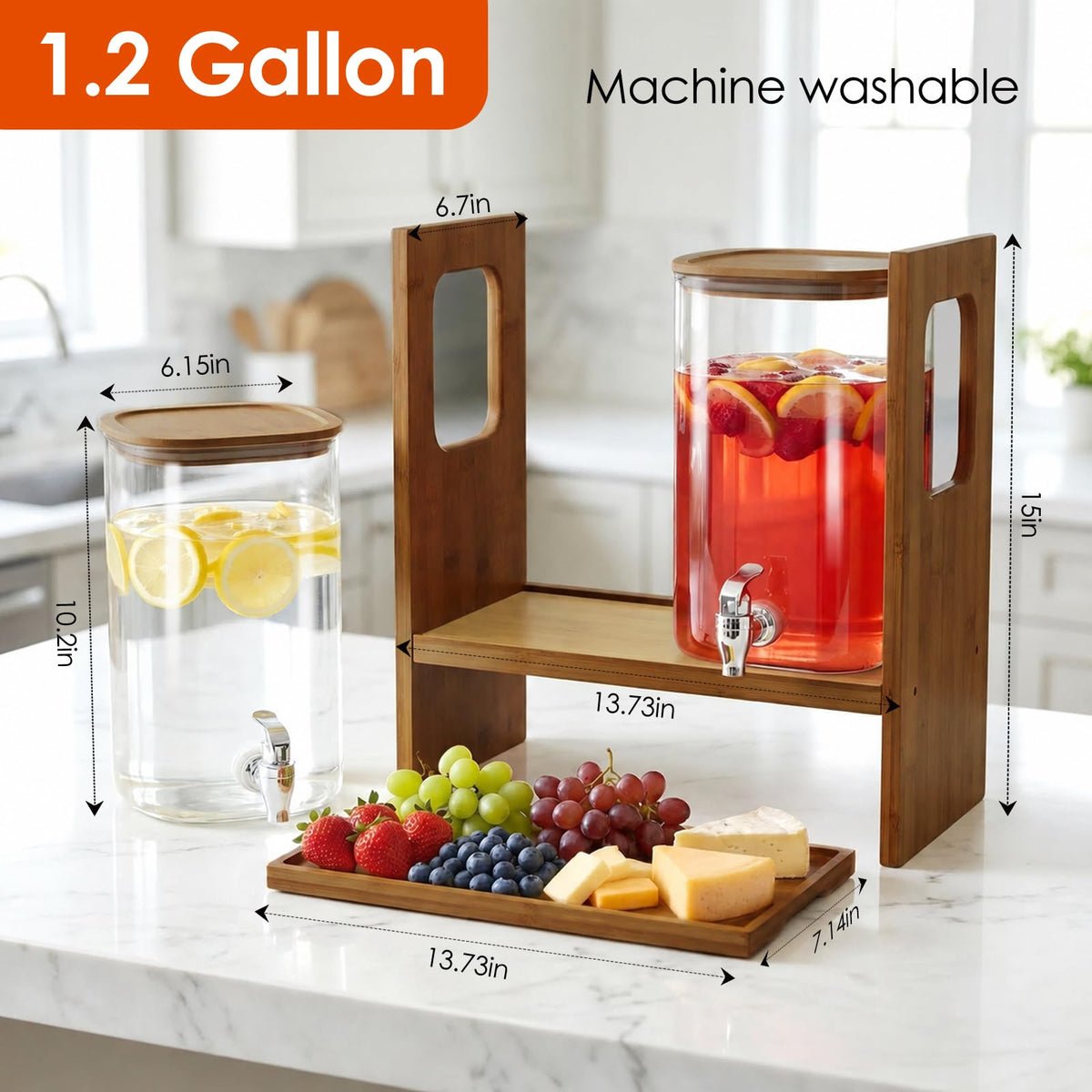 2 PCS 1.2 Gallon Glass Drink Dispenser with Stand and Serving Tray K47458