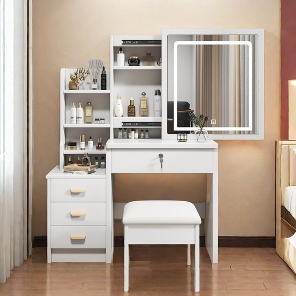 White 4 Drawer Vanity Desk Set with Mirror R47399