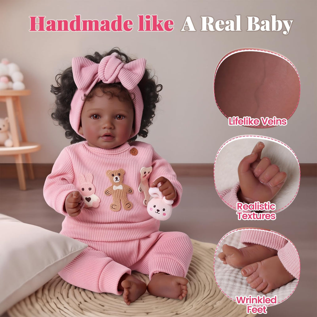 20 Inch Black Reborn Baby Doll with Rooted Hair A824
