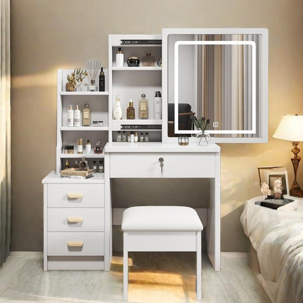 White 4 Drawer Vanity Desk Set with Mirror R47399