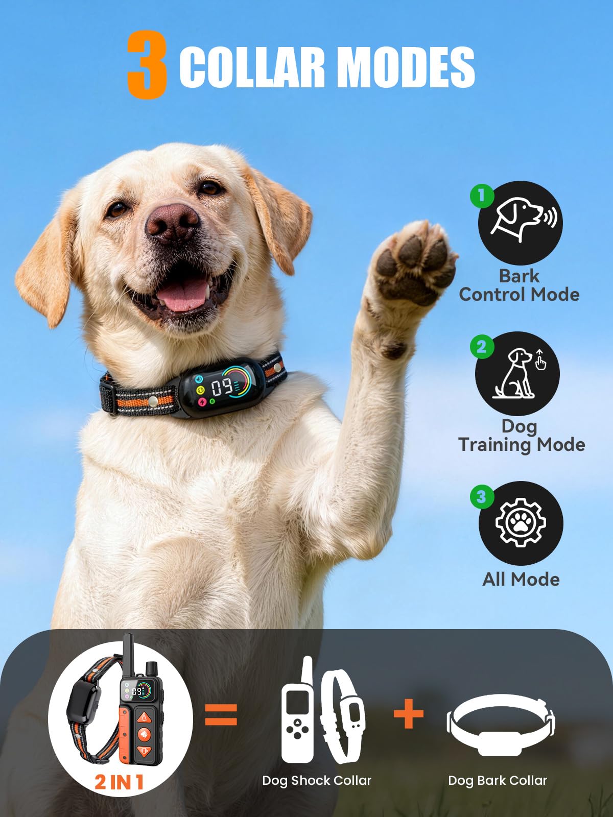 2-in-1 Dog Bark Collar & Shock Collar, IPX7 Waterproof E Collars with AI Anti-Bark/Beep/Vibration/Shock/no Shock for Small Medium Large Dog(5-120Lbs), Dog Training Collar with 3300FT Remote G24228