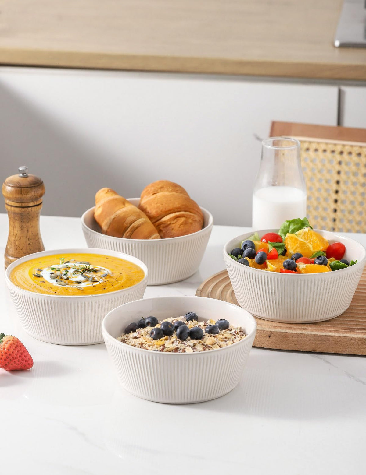 Ceramic Soup Bowls Set of 4, 6.3 inch Microwave Safe White F254