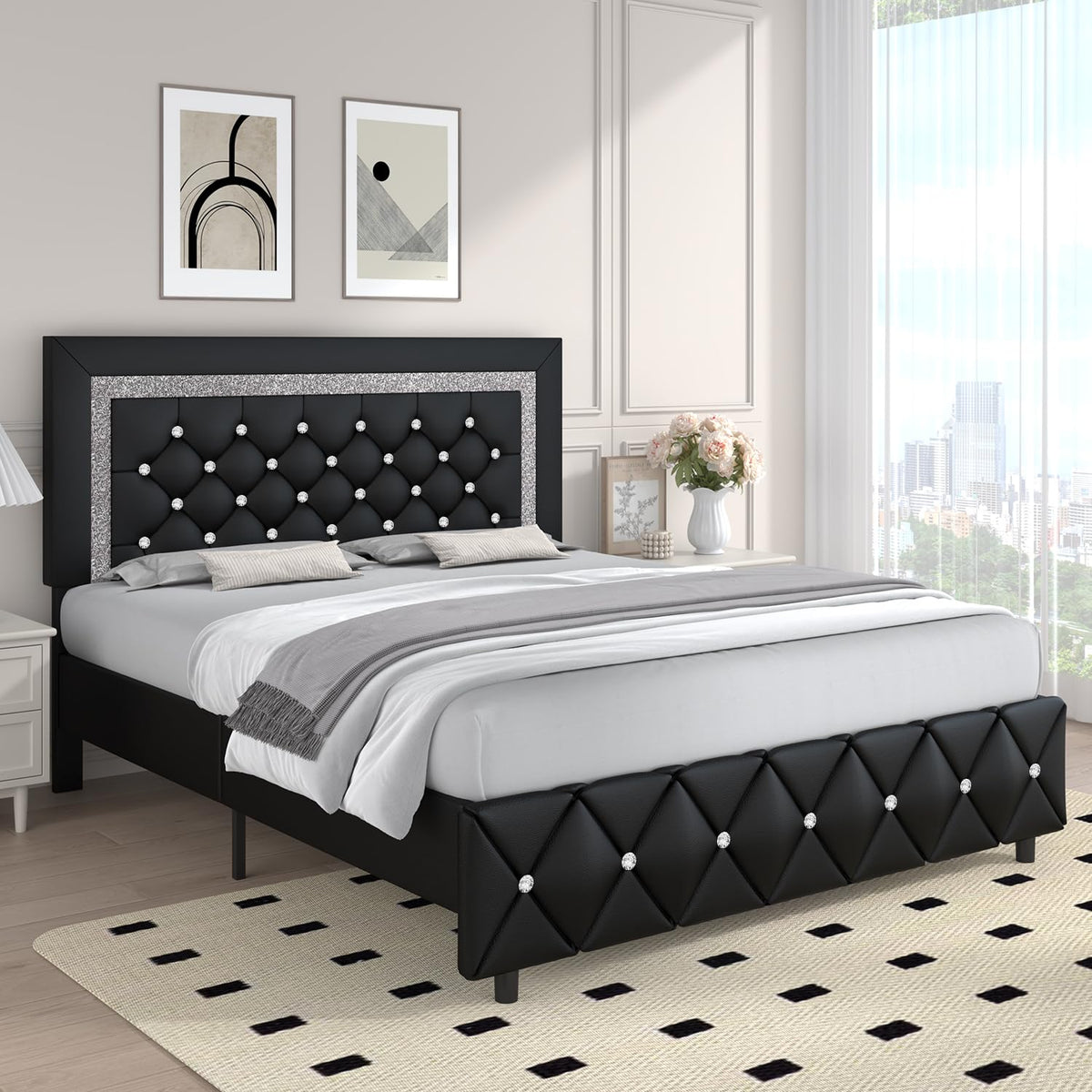 Full Size Faux Leather Platform Bed with Diamond Headboard C223252