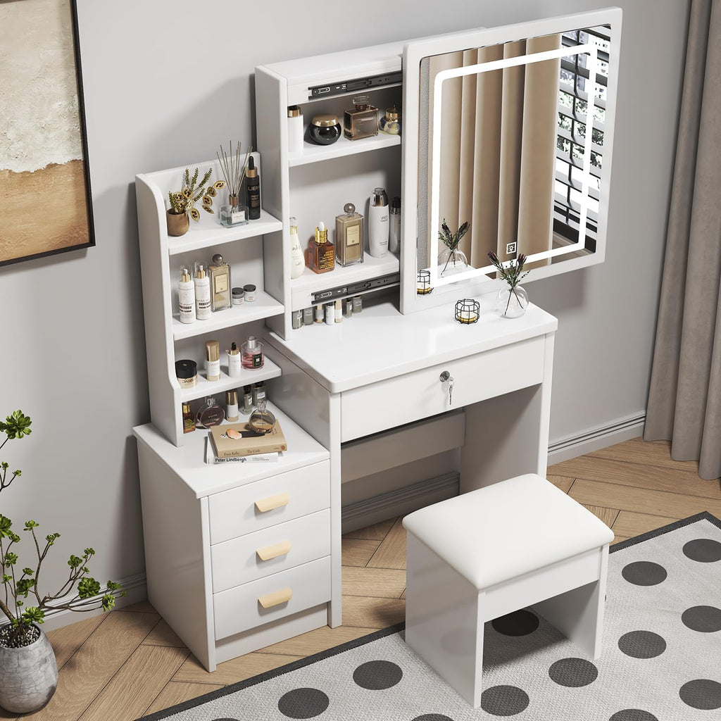 White 4 Drawer Vanity Desk Set with Mirror R47399