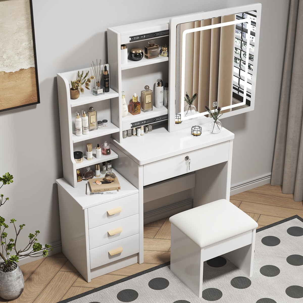 White 4 Drawer Vanity Desk Set with Mirror R47399