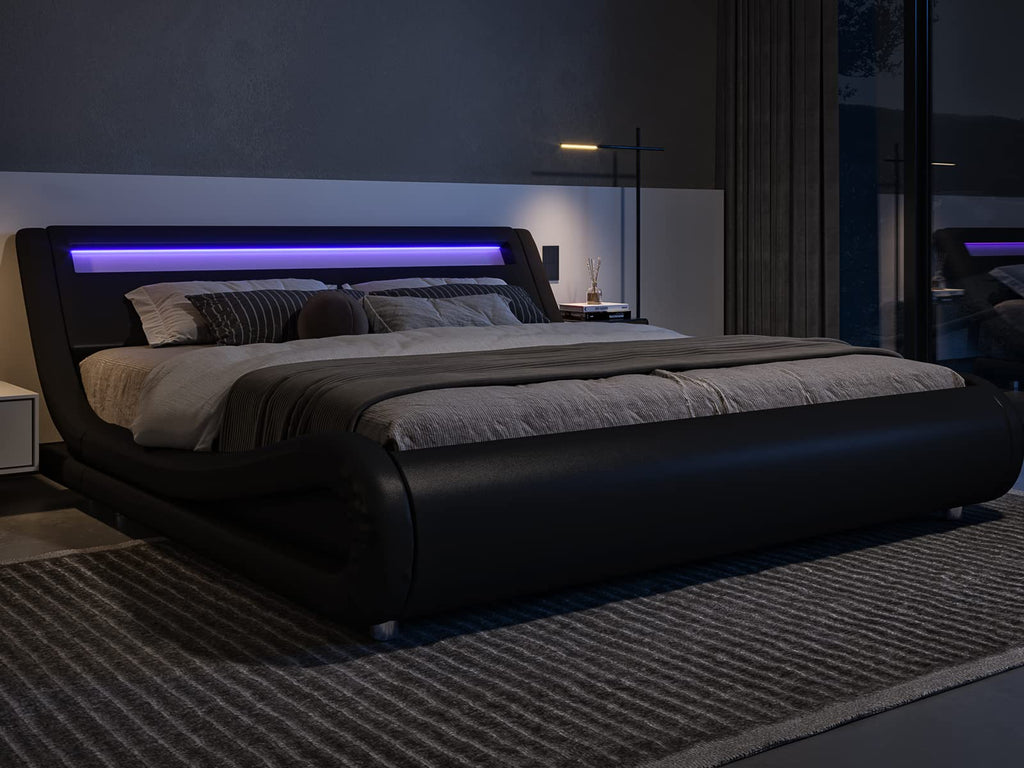 Queen Size LED Platform Bed Frame with Adjustable Headboard, Black G110