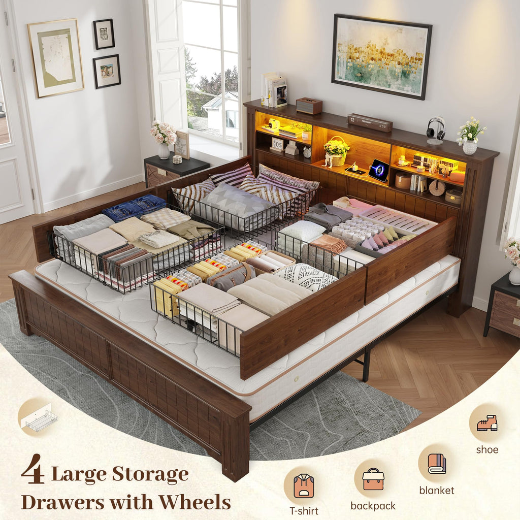 King Bed Frame with 4 Storage Drawers and Headboard Shelf, Brown B553988