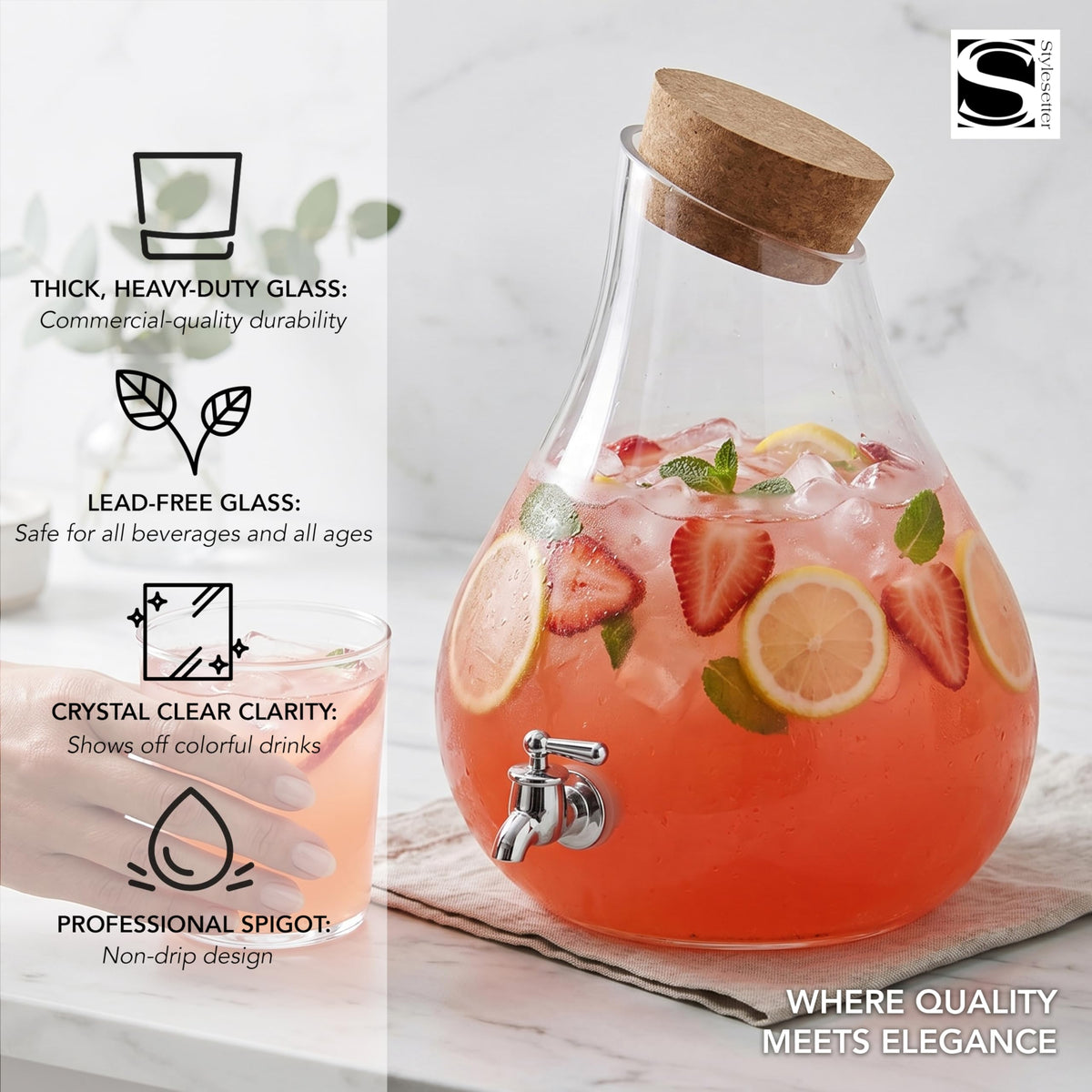 Glass Beverage Dispenser with Cork Lid and Stand 2.5 Gal S59164