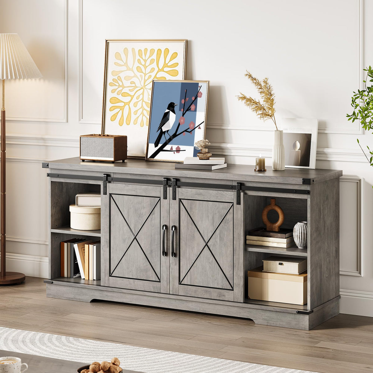 Farmhouse TV Stand with Storage Cabinets & Sliding Barn Door A5699