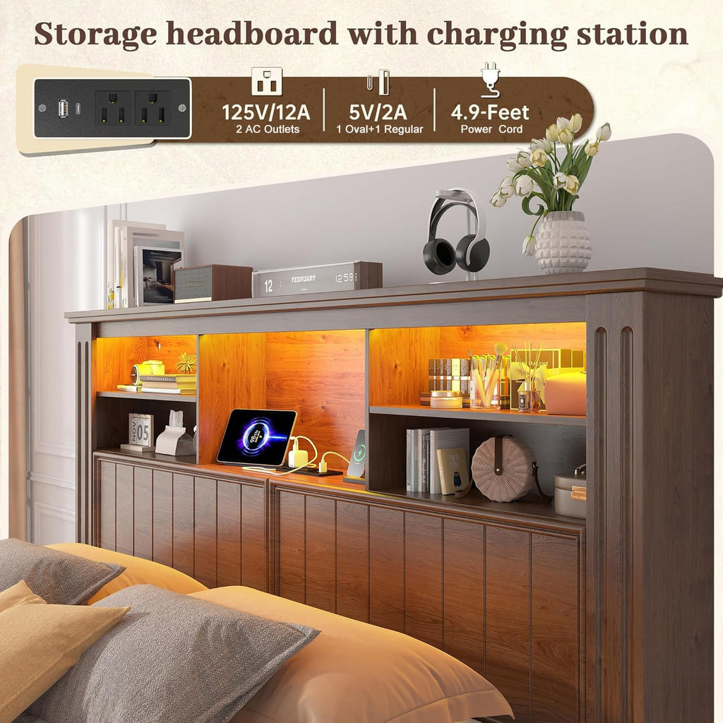 King Bed Frame with 4 Storage Drawers and Headboard Shelf, Brown B553988