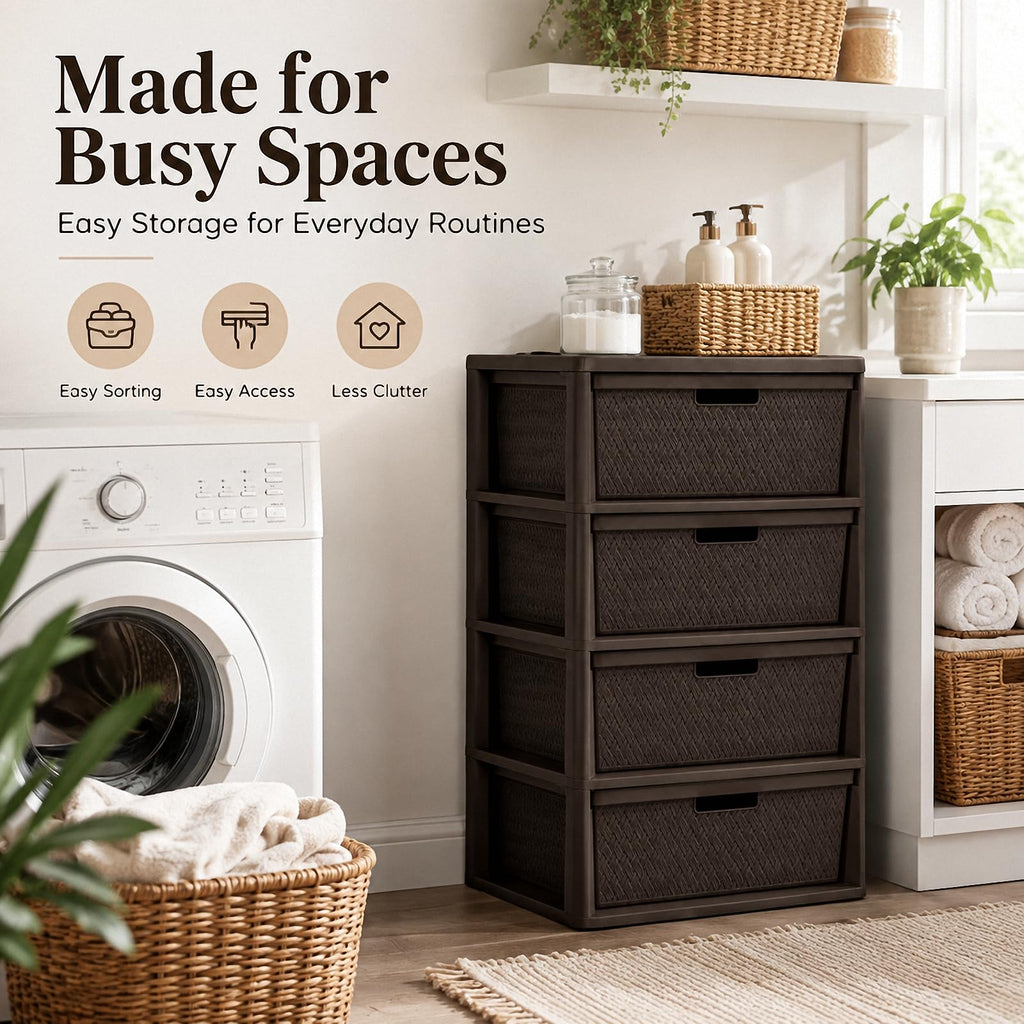 4 Drawer Plastic Storage Tower with Brown Weave Bins T39400