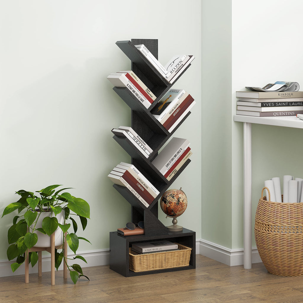 Black 6 Tier Wood Tree Bookshelf with Drawer K69778