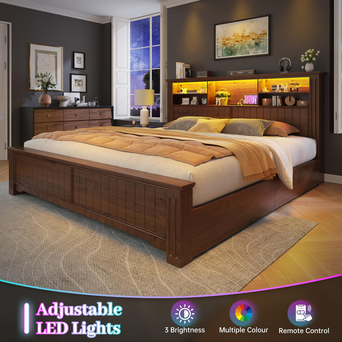 King Bed Frame with 4 Storage Drawers and Headboard Shelf, Brown B553988