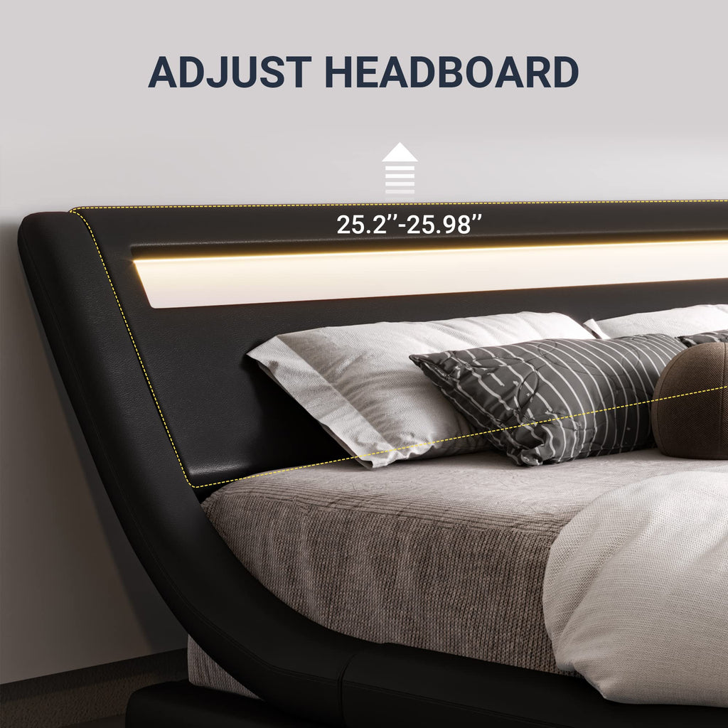 Queen Size LED Platform Bed Frame with Adjustable Headboard, Black G110
