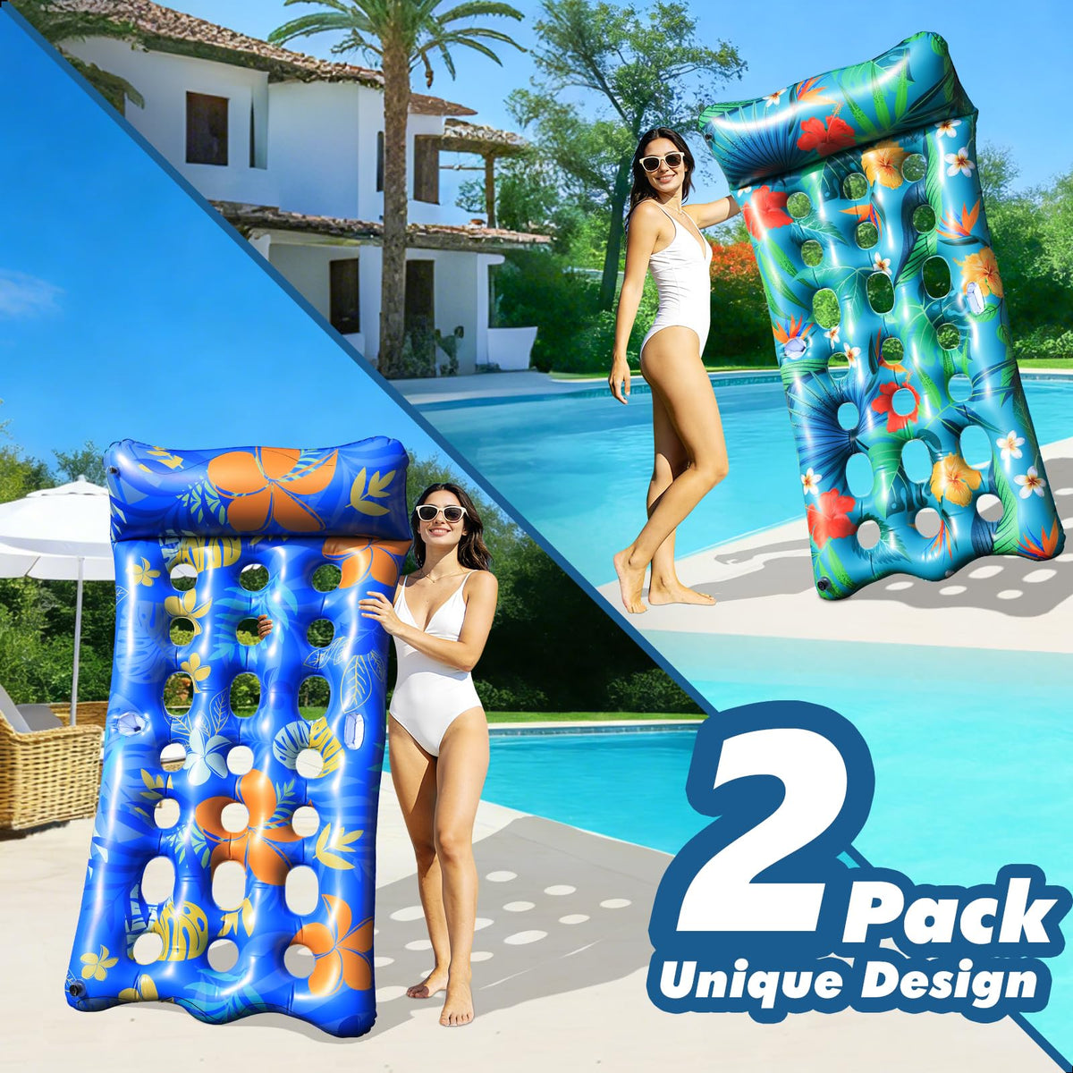 2 PCS Pool Floats Lounger with Headrest and Cup Holders X67126