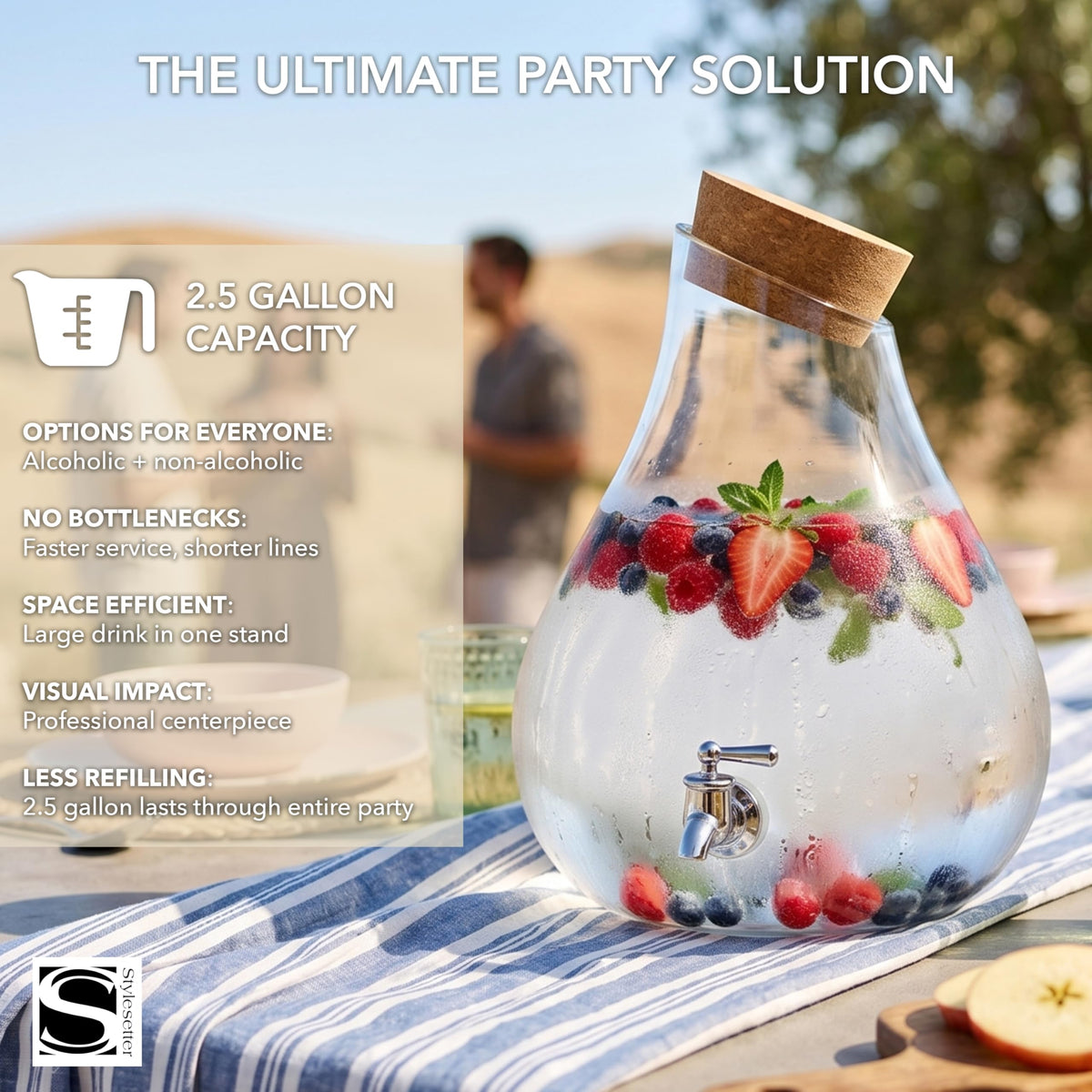 Glass Beverage Dispenser with Cork Lid and Stand 2.5 Gal S59164