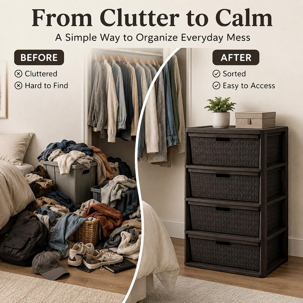 4 Drawer Plastic Storage Tower with Brown Weave Bins T39400