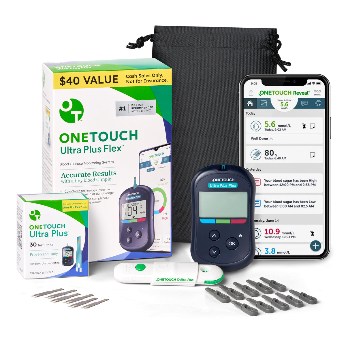 Blood Glucose Test Kit with Meter, Strips, Lancets, Pouch C156