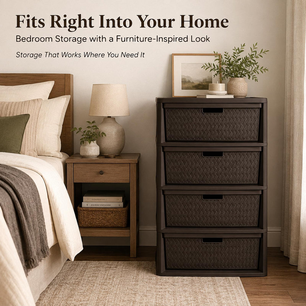 4 Drawer Plastic Storage Tower with Brown Weave Bins T39400