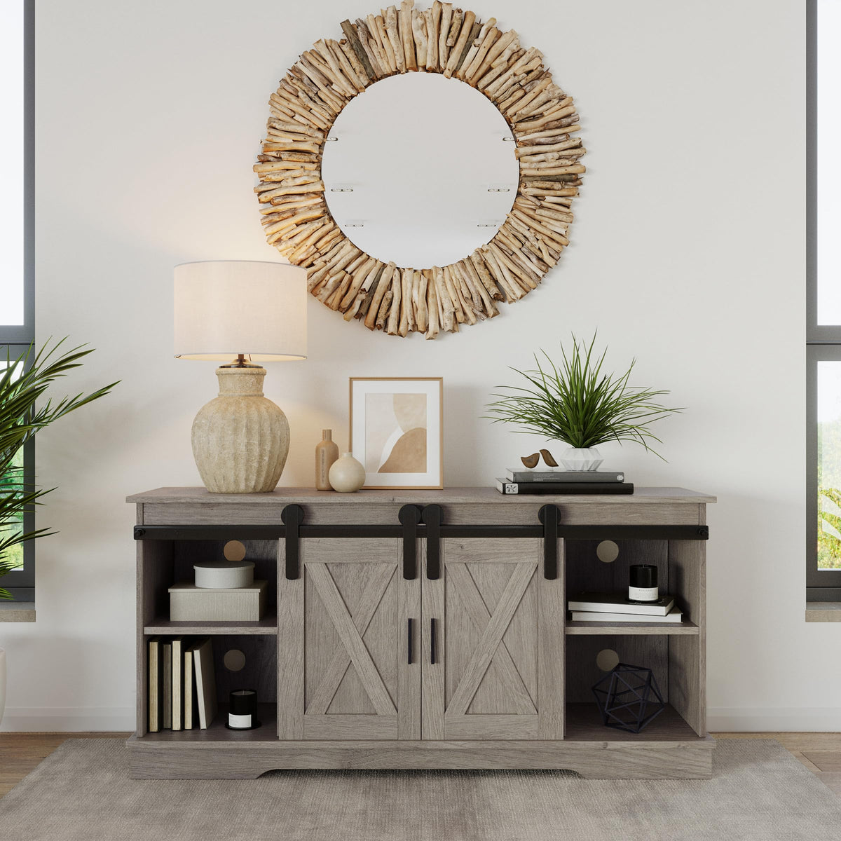 65-Inch TV Stand with Sliding Barn Doors E4311
