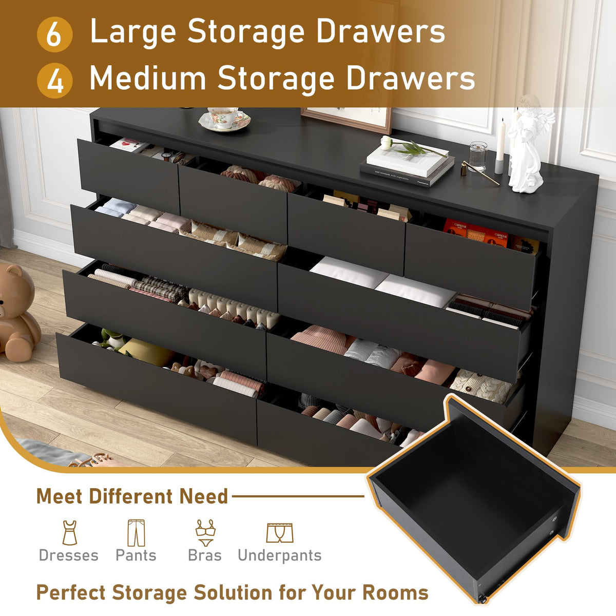 Black 10 Drawer Wood Dresser E683148