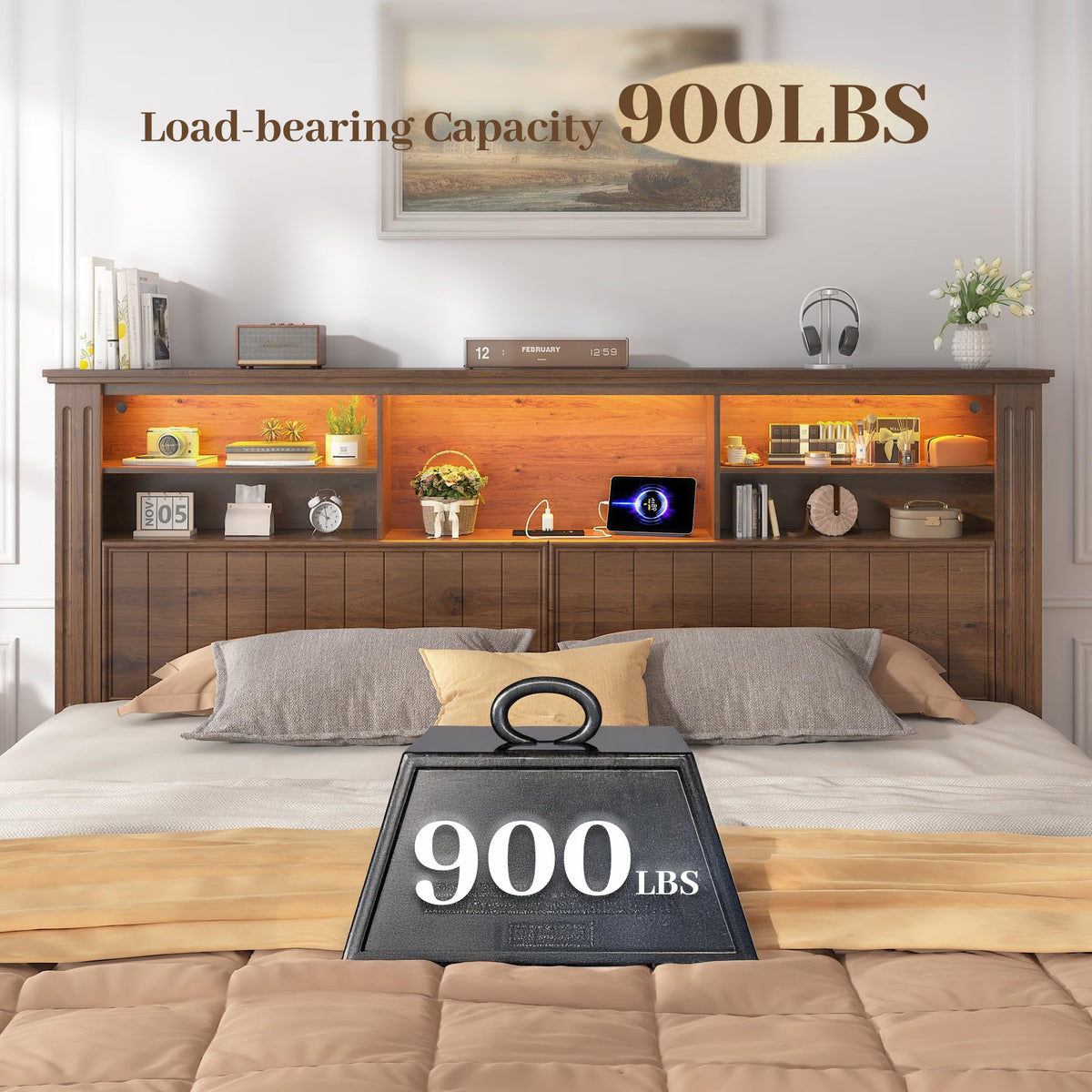 King Bed Frame with 4 Storage Drawers and Headboard Shelf, Brown B553988