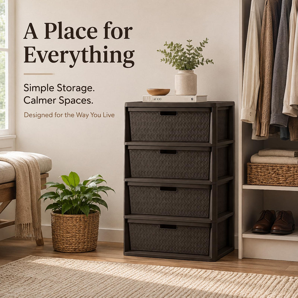 4 Drawer Plastic Storage Tower with Brown Weave Bins T39400