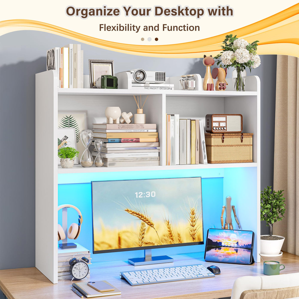 White 3-Tier Desk Hutch with LED Light T239