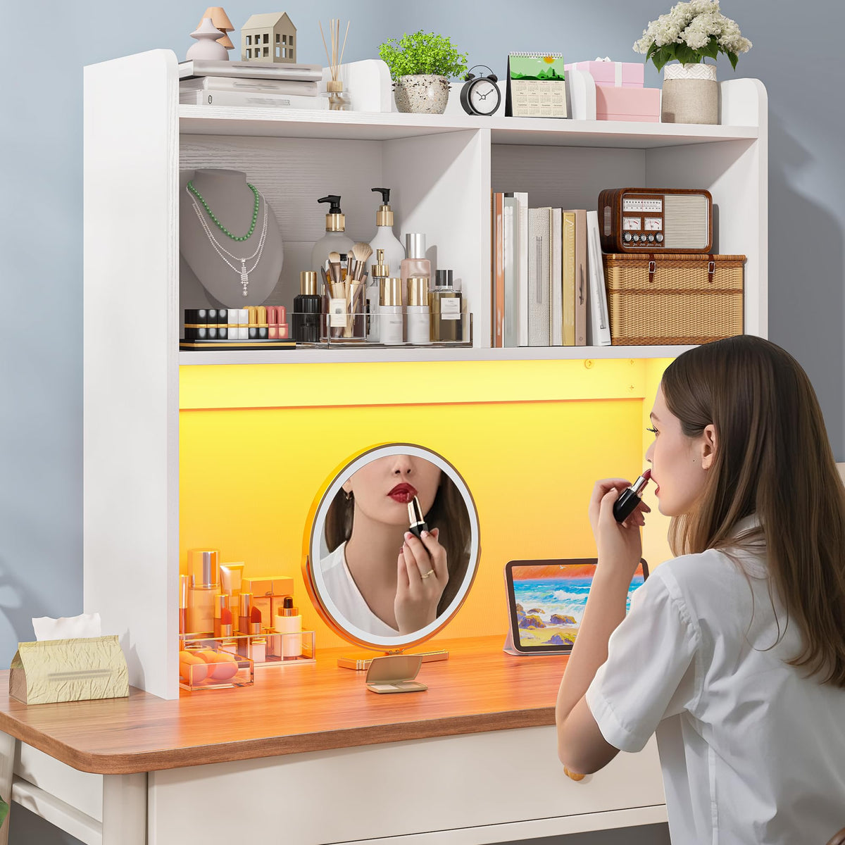 White 3-Tier Desk Hutch with LED Light T239